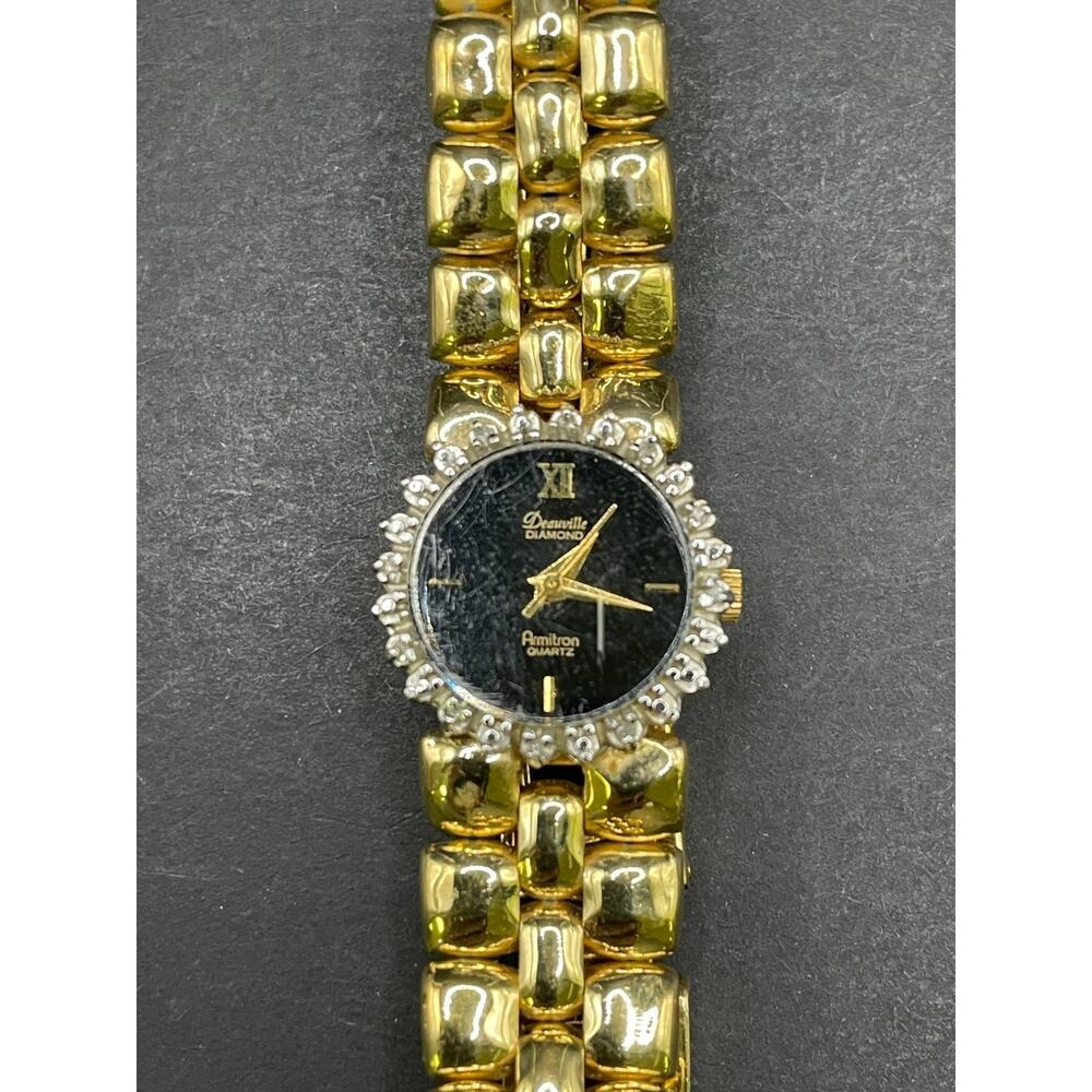 Vtg Armitron Deauville Diamond Quartz Watch Gold Tone Crystal Bezel Black Dial